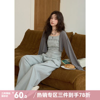 谜秀 重磅雾霾蓝灰针织三件套女2026春秋吊带阔腿裤通勤老钱风套装 灰色  针织开衫 S