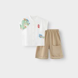 巴厘小猪 儿童休闲套装婴儿夏季薄款分体衣服男童衬衫国风短袖龙宝宝夏装 龙的传人 90