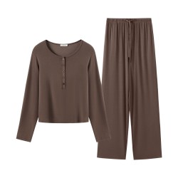伊维斯 罗纹假日亨利领抗菌莫代尔睡衣家居服套装