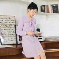 秋水伊人 优雅系带领设计感拼接连衣裙通勤百搭裙子