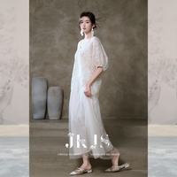 JK&JS 天丝重工绣花连衣裙女夏长裙假两件网纱裙子