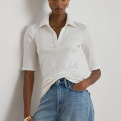 RALPH LAUREN 女士Rib-Knit Elbow-Sleeve Polo T-Shirt