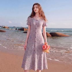 三彩 微胖系列 女士圆领针织连衣裙 油画裙 波浪边 大码女装