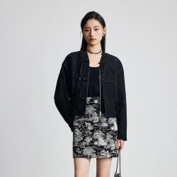 三彩 25秋季醋酸V领宽松提花外套女