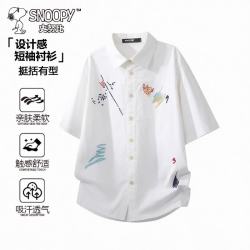 史努比 短袖衬衫男士夏季青年刺绣上衣工装衬衣外套 白色 L