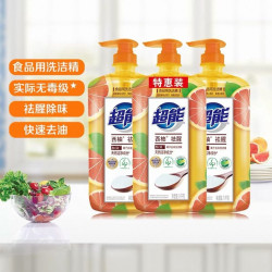 超能 西柚爆汁鲜柠胶原护手食品用洗洁精去油家用去腥1kg*3瓶