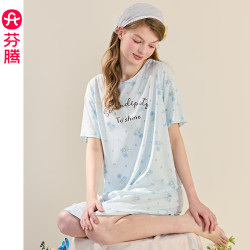 芬腾 睡裙女士夏季薄款短袖睡衣中裙女款宽松休闲卡通可爱家居服 FX26921093冰兰 M ：90-110斤