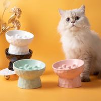 1 猫碗陶瓷高脚慢食防噎防打翻斜口护颈宠物猫咪狗狗饭碗猫粮猫 锤纹高脚慢食碗（绿色）