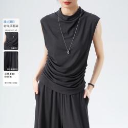 西遇 高级设计感抽褶无袖小立领显瘦上衣极简阔腿裤女
