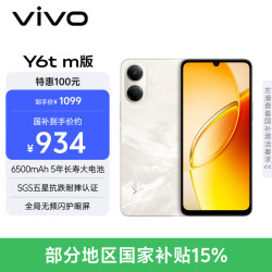 vivo Y6t m版 4GB+128GB 流云白 6500mAh 5年长寿大电池 SGS五星抗跌耐摔认证 IP65防尘抗水 AI手机