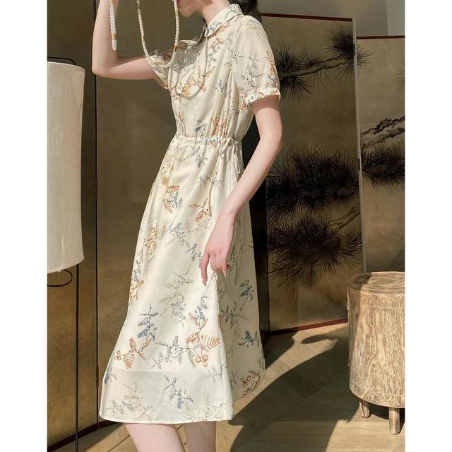 德玛纳 夏POLO领印花收腰女人味连衣裙女中长裙