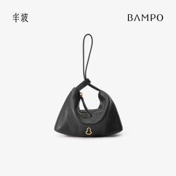 半坡饰族 头层牛皮小福袋手挽包 墨碳黑 女士手机包
