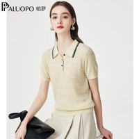 帕罗 2026夏季新款翻领短袖t恤女抽条提花简约休闲花纱针织衫女