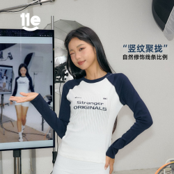 11Estranger 11E “显瘦选手T”棉感新疆棉圆领撞色拼接长袖字母印花修身T恤女
