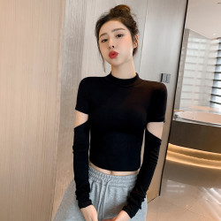 黑色螺纹镂空设计感小众短款长袖t恤显瘦高智淡人条纹早秋上衣女