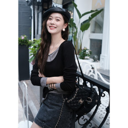 美洋 MEIYANG黑松露面膜衫莱赛尔不规则拉毛撞色假两件长袖黑色