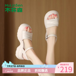 木林森 女鞋羊皮革凉鞋 夏季轻便一字带凉鞋休闲优雅女士增高显瘦凉鞋子