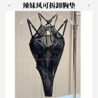 黑色性感蕾丝拼接套脖辣妹风可拆卸胸垫聚拢连体衣0315