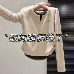 大码女装杏色假两件长袖t恤女2025早秋季新款显瘦修身打底衫上衣