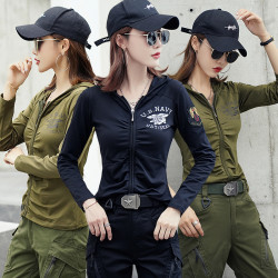 秋季迷彩t恤女长袖韩版连帽新款潮时尚显瘦水兵舞军绿色上衣户外
