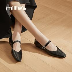 Millie's Millies）法式复古单鞋女低跟软底软皮真羊皮玛丽珍鞋小皮鞋女鞋 黑色 39