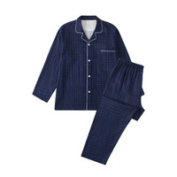 京东 无印100%棉双层纱布睡衣春秋夏薄款男女情侣纯色家居服套装 藏青波点/男款 M