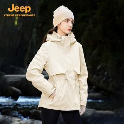 吉普 户外冲锋衣男女三合一防寒登山服女士防风防水抓绒衣可拆卸外套
