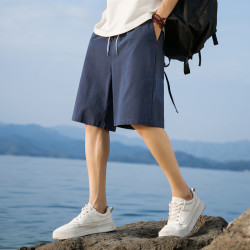 月伊纺 夏季新款棉麻五分裤男宽松直筒休闲短裤青年运动沙滩裤大裤衩裤