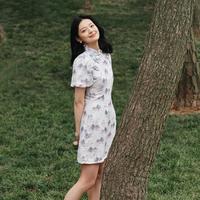 限尺码：森马 夏季新中式水墨印花国风连衣裙高级感泡泡袖优雅短裙s