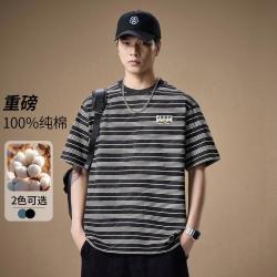 吉普 重磅短袖T恤男士夏季透气百搭条纹半袖男装上衣