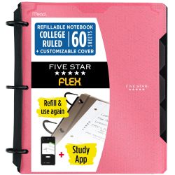 Five Star Flex 可填充笔记本 + 学习应用 1 英寸 O 形环活页夹,带口袋标签和隔板,220 张容量,包括 60 张 21.59 厘米 x 27.94 厘米学院横格纸,舞会粉色(2 张 93260 R)