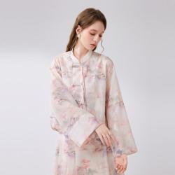 秋水伊人 新中式雪纺衬衫休闲国潮盘扣水墨画长袖上衣