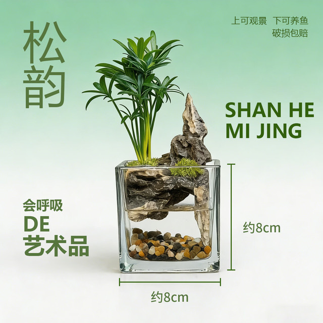 真植物山水一体微景观桌面观赏鱼缸办公室床头绿植摆件斗鱼孔雀鱼 松韵方型缸