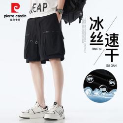 皮尔·卡丹 皮尔卡丹（pierre cardin）短裤男工装裤夏季冰丝休闲宽松五分裤男中裤大裤衩运动拉链款 黑色