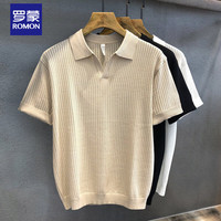 罗蒙 冰丝镂空花纹针织短袖polo衫男士夏季翻领T恤男款 杏色    3XL