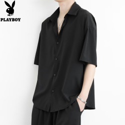 PLAYBOY 高档冰丝短袖衬衫男夏季薄款凉感免烫抗皱衬衣男士衣服男装 黑色 XL