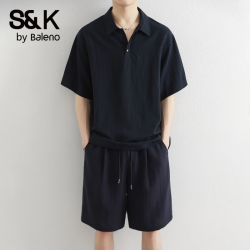 班尼路 S&K系列休闲套装男士夏季新薄款莱赛尔天丝短袖t恤短裤长裤两件套 藏蓝XL
