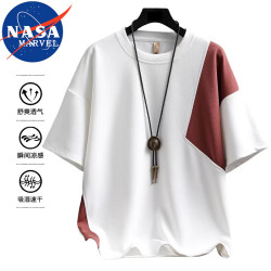 NASA MARVEL 短袖T恤男士夏季圆领休闲宽松双色拼接上衣打底衫 白红色 XL