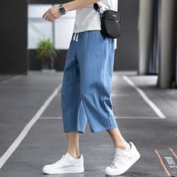 月伊纺 2026夏季冰丝宽松100%纯棉短裤男士宽松百搭棉麻七分裤青年直筒裤 晴蓝色 3XL
