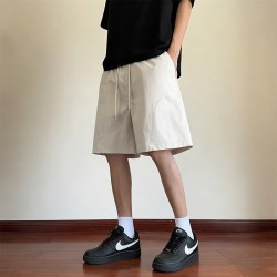 月伊纺 日系工装抽绳五分短裤男士夏季宽松直筒休闲裤子青年百搭运动中裤 米白色 3XL