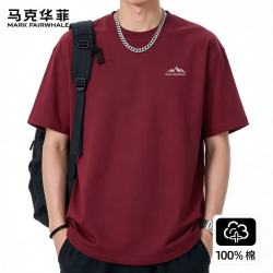马克华菲 纯棉短袖T恤男2026新款夏季百搭抗菌圆领重磅半袖体恤 酒红 M