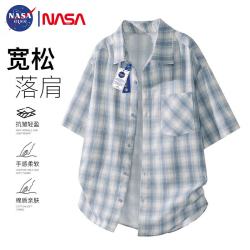 NASA GISS 男士短袖衬衫 港风休闲格子衬衣 宽松百搭外套