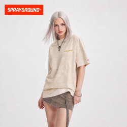 SPRAYGROUND 鲨鱼嘴短袖T恤男女美式复古暗纹背后印花上衣落肩袖宽松体恤 黄色 S