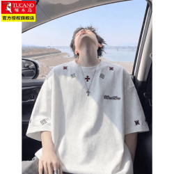 啄木鸟 潮牌扎染刺绣重磅短袖T恤男夏季美式宽松休闲半截袖上衣男士体恤 白色 XL （110-120斤）