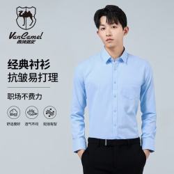 西域骆驼 纯色衬衫男春秋季商务正装休闲长袖男士白衬衣 浅蓝 XL
