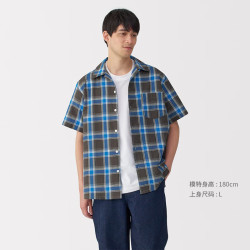 無印良品 MUJI 马德拉斯格纹纯棉开领短袖衬衫 棕色格纹 M