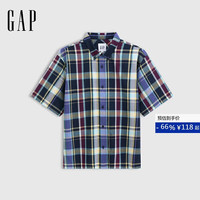 Gap 男女装夏季款格纹翻领短袖衬衫宽松简约休闲上衣731134