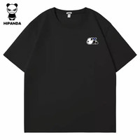 你好熊猫 t恤男2026年新款潮牌宽松圆领纯棉情侣款上衣半袖 黑色 2XL