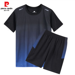 皮尔·卡丹 皮尔卡丹（pierre cardin）运动套装男女夏季运动短袖速干衣情侣款套装 黑蓝色  2