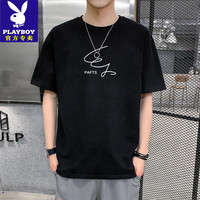 PLAYBOY 男士夏季短袖t恤男学生宽松大码韩版新款短袖男上衣服青少年男潮 黑色PAR